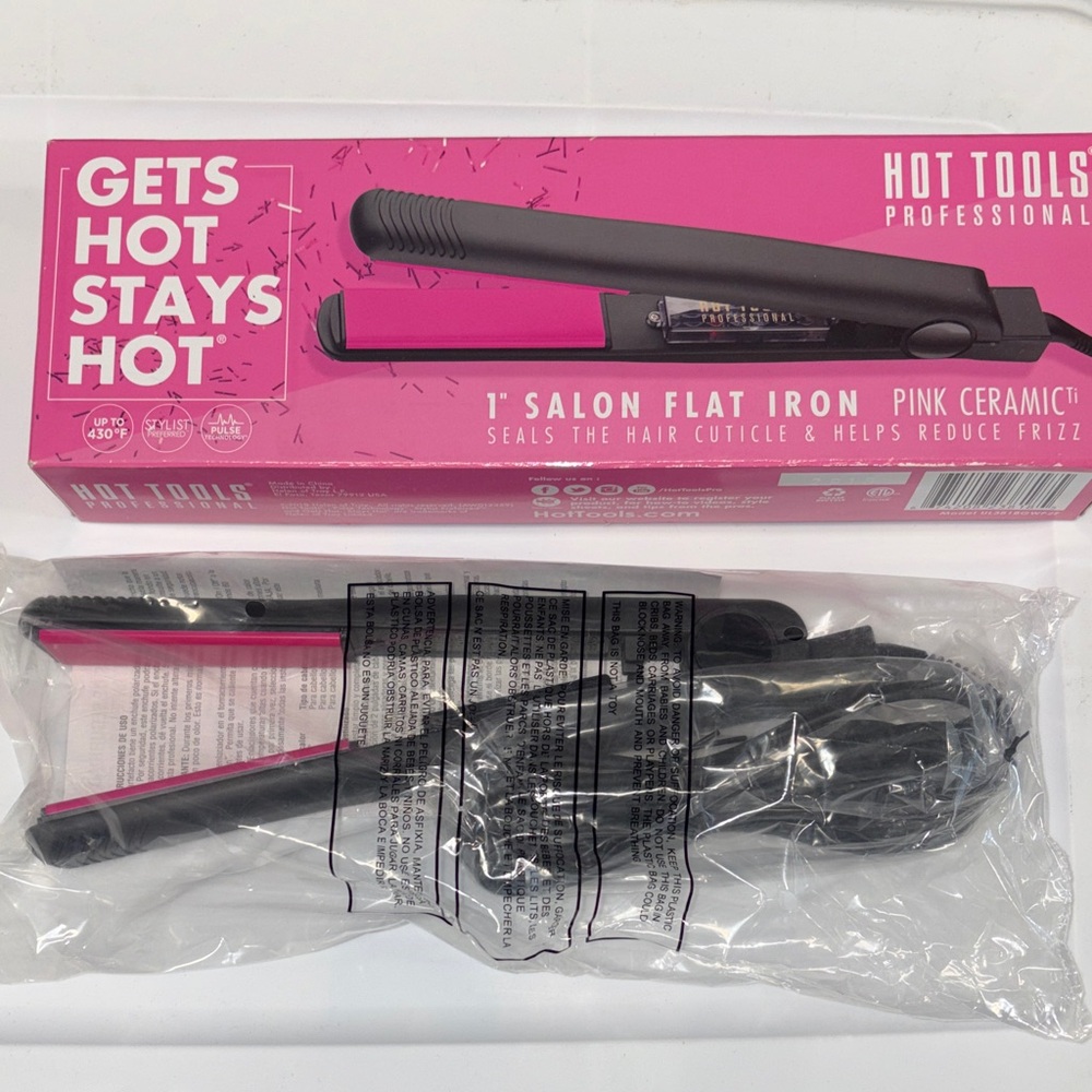 NEW HOT TOOLS 1" Pink Ceramic Salon Flat Iron - Black with Pink Plates